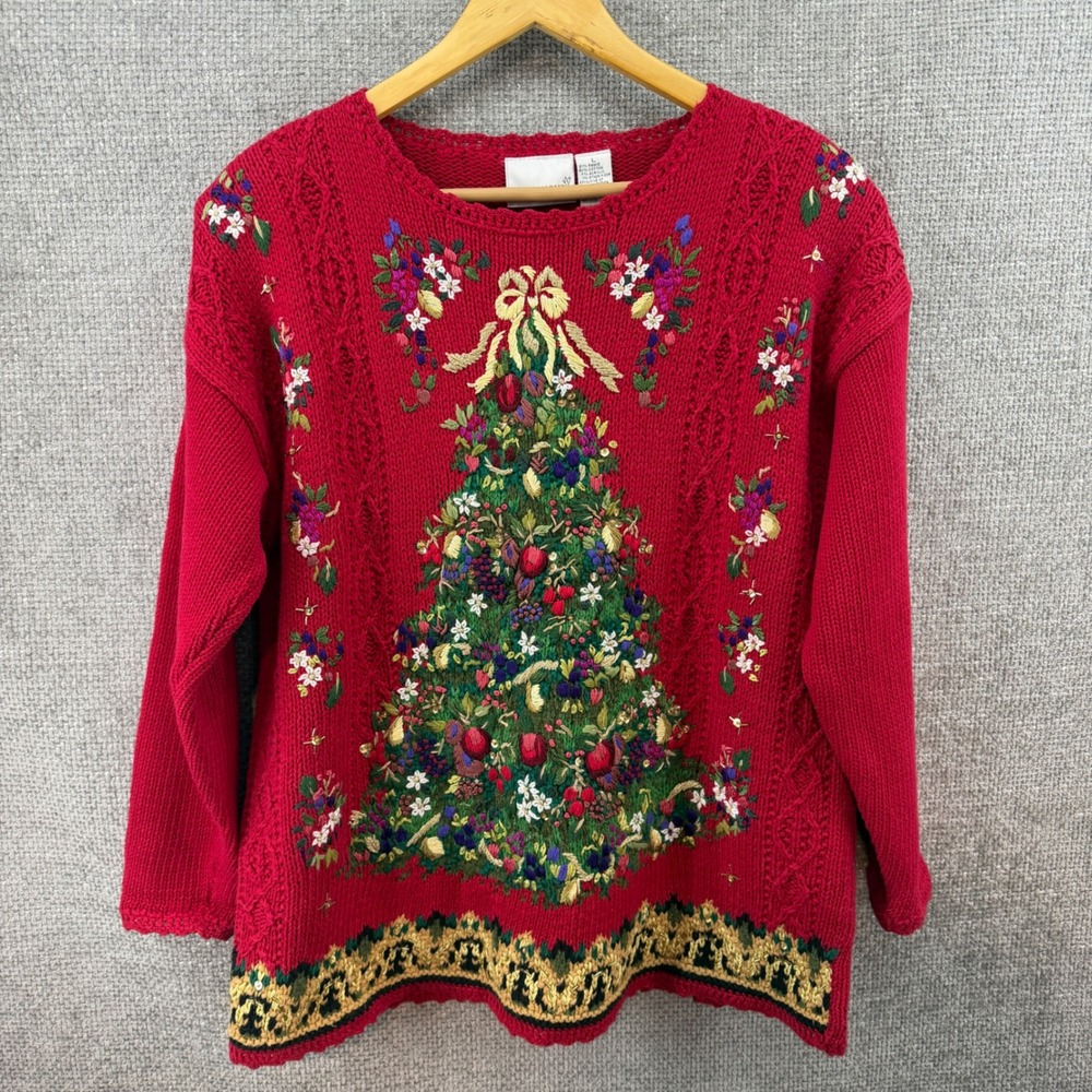 Fashion Bug Women's Large Vintage 90's Red Christmas Tree Embroidered Sweater